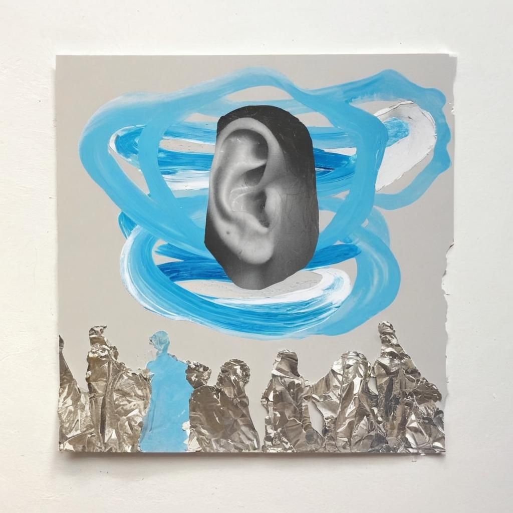 Abstract Halftone Ear Collage on Blue Background