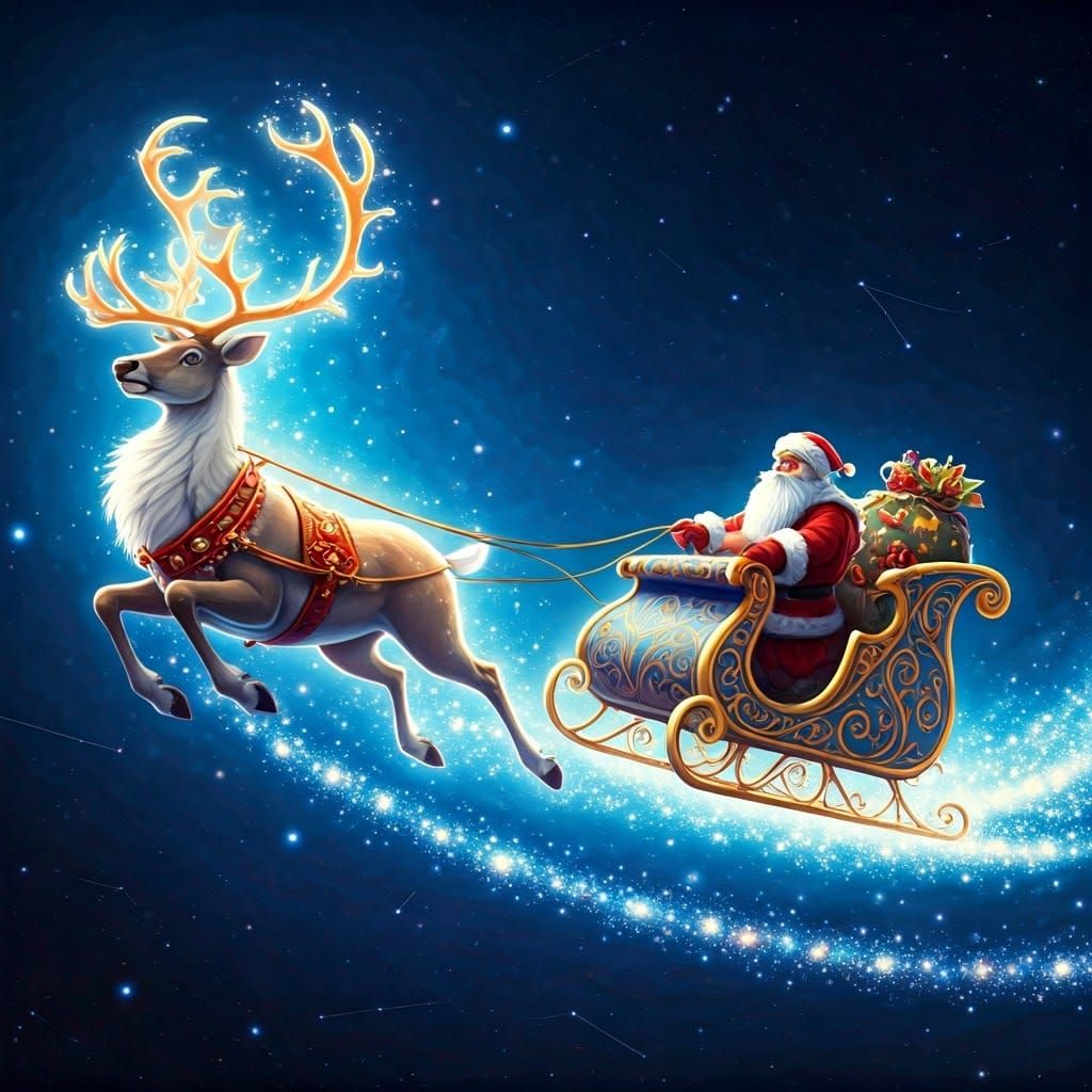 Majestic Reindeer in Celestial Sleigh Ride, Inspired by Cybe...