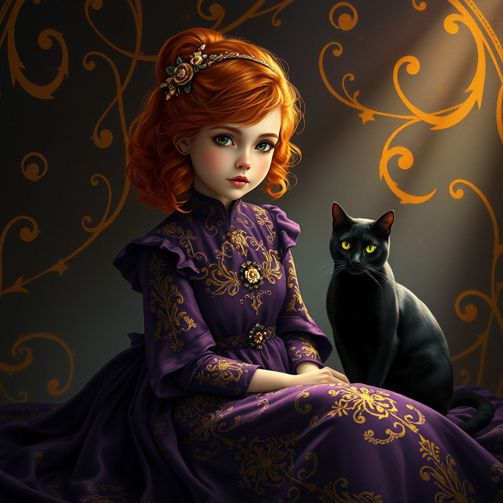 Redhead Girl with Black Cat in Klimt Style