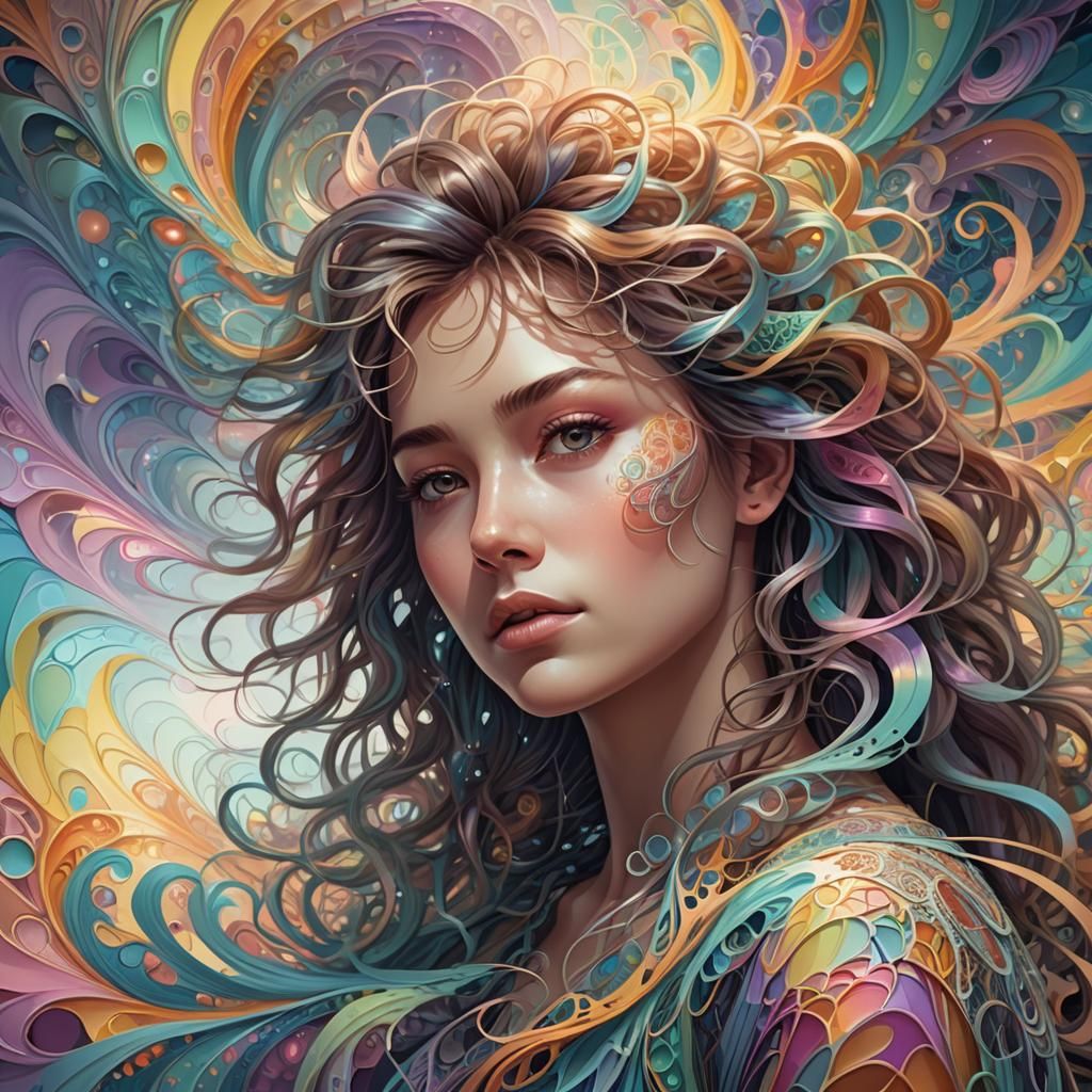 Dreamy Woman Waking in Fractal Zentangle Art