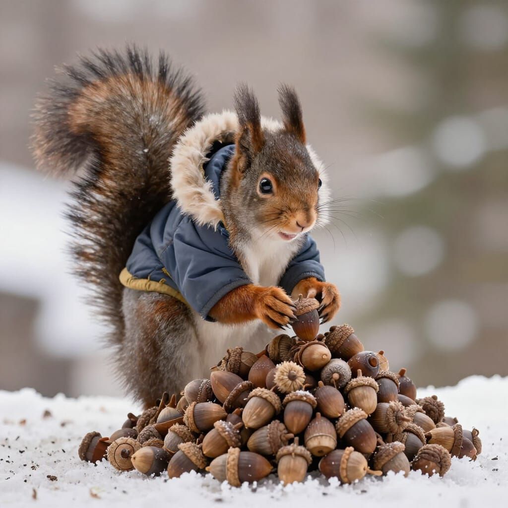 Adorable Squirrel Stashes Acorns in Winter