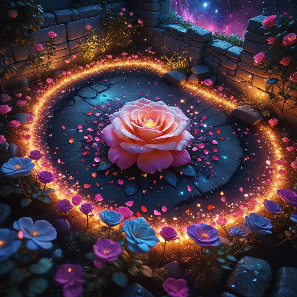 Luminous Cosmic Rose Garden Illustration