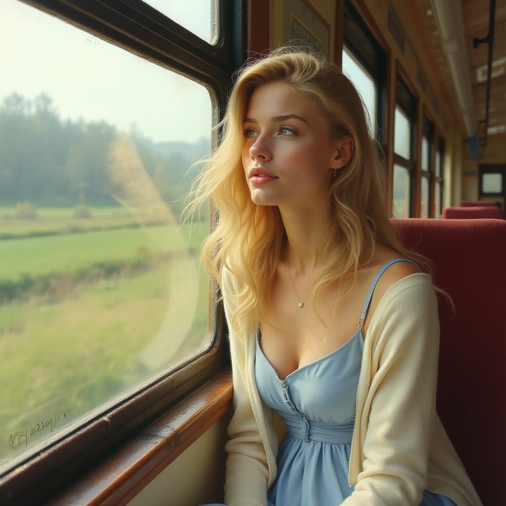 Romantic Italian Woman Lost in Spring Landscape by Train Win...