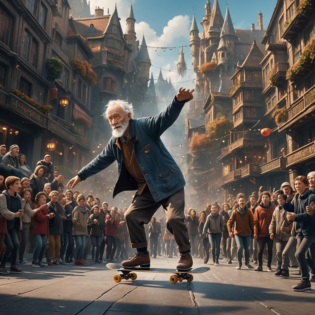 Elderly Skateboarder's Fantasy Art Performance