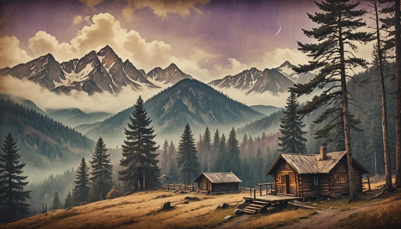 Vintage Mountain Cabin Illustration with Retro Aesthetic