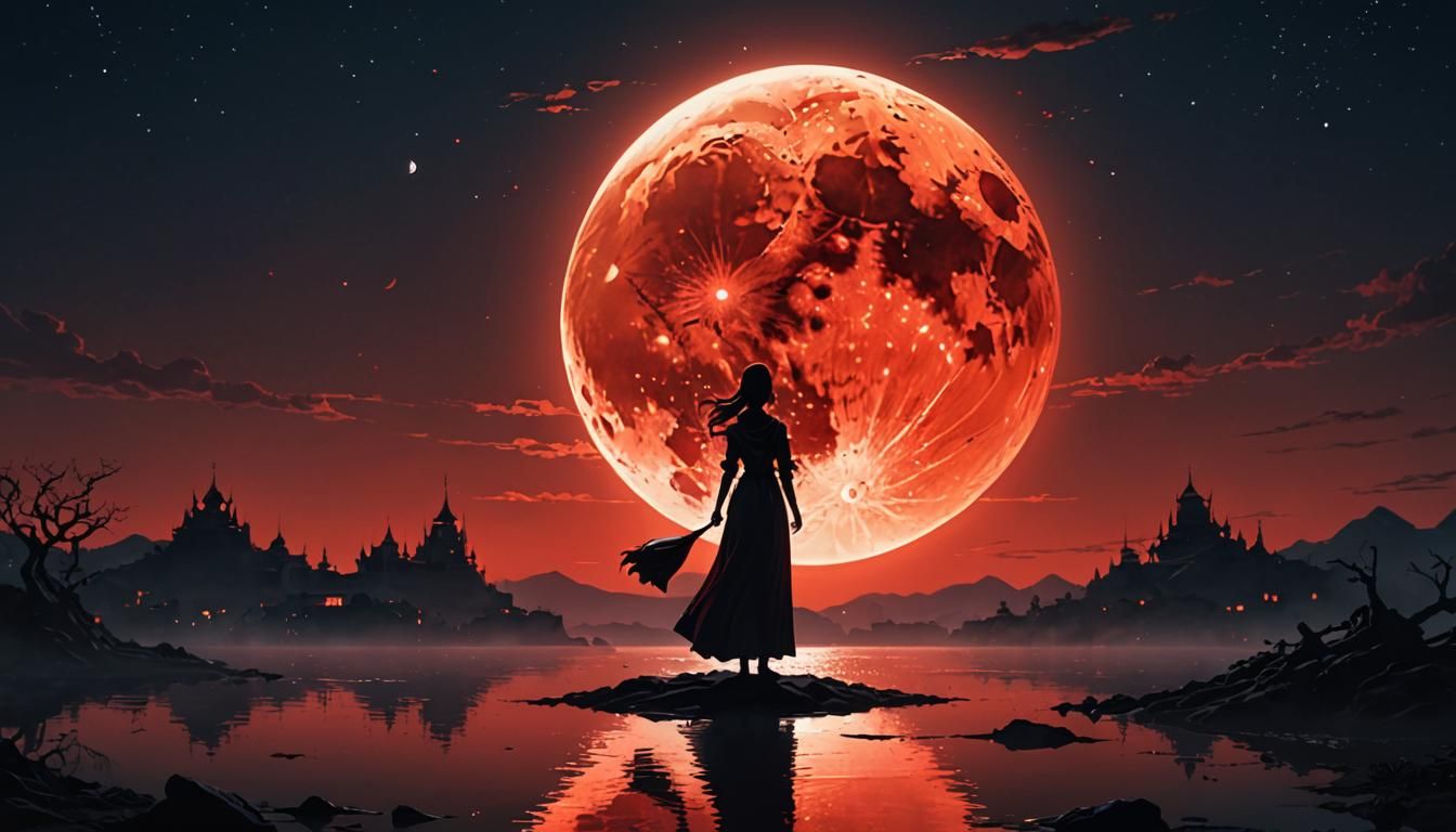 Anime Blood Moon Woman Silhouette Digital Painting