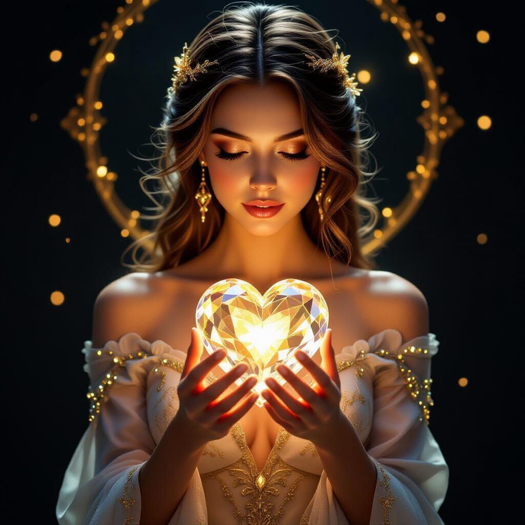 Golden Silhouette Holding Crystal Heart: Ethereal Artifact