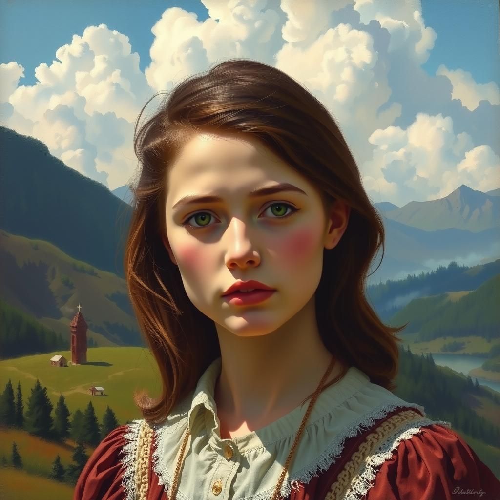 Contemptuous Woman in Dreamlike Landscape Oil Painting