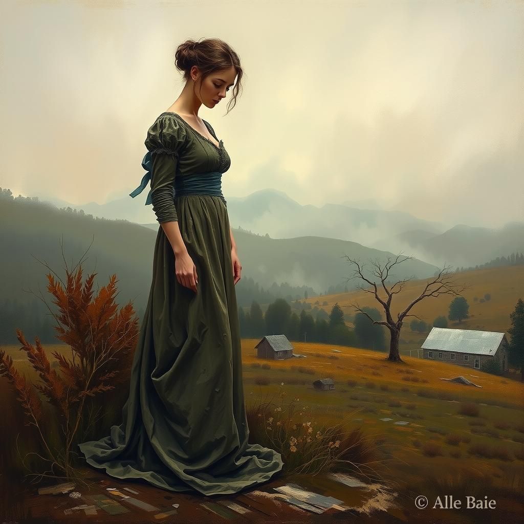 Melancholic Woman in Forsaken Landscape as Impasto Painting