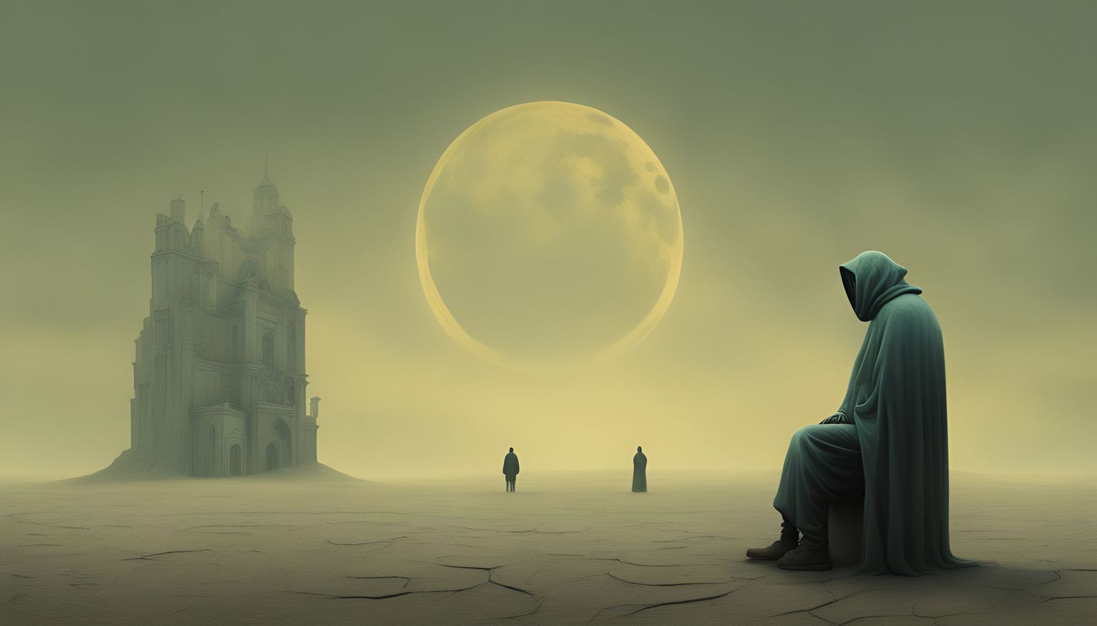 Surrealist Waiting Scene in Dark Pastel Hues