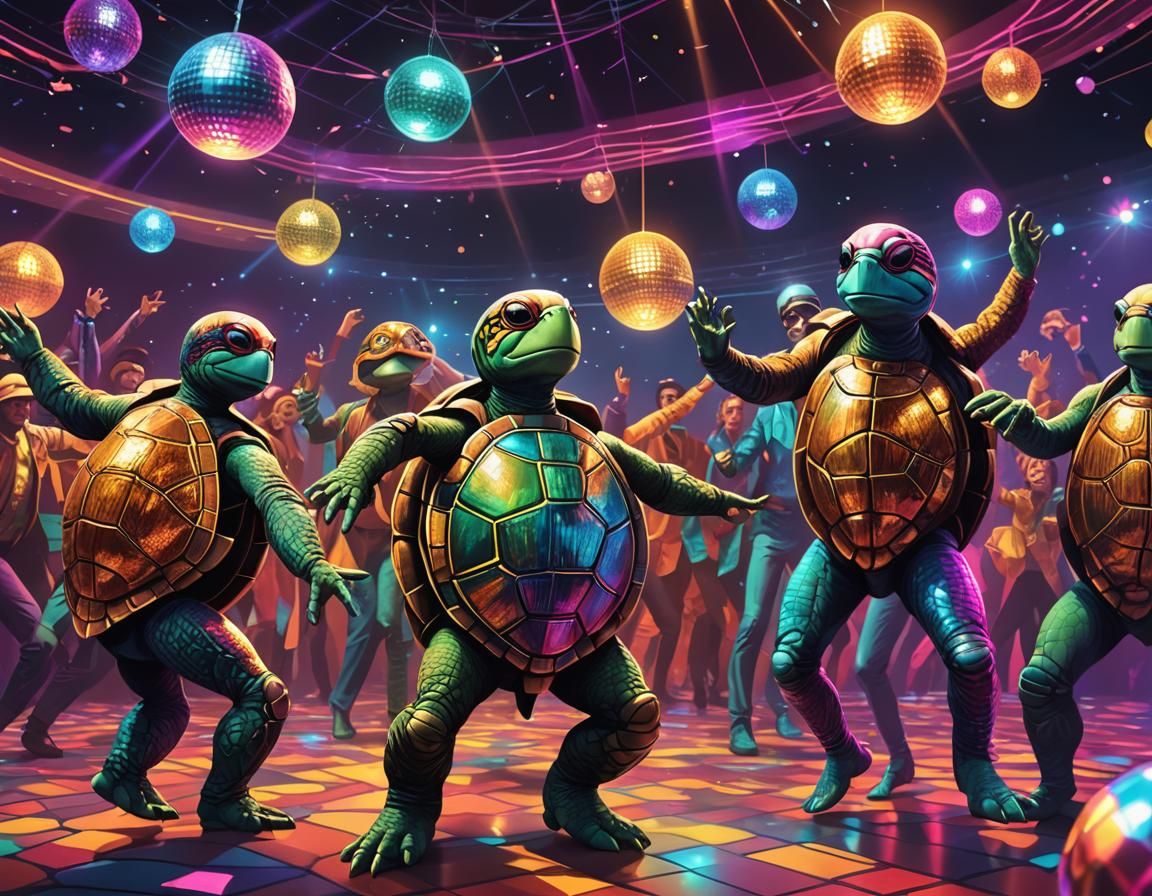 Turtles Dancing at a Disco Party in 1970s Style