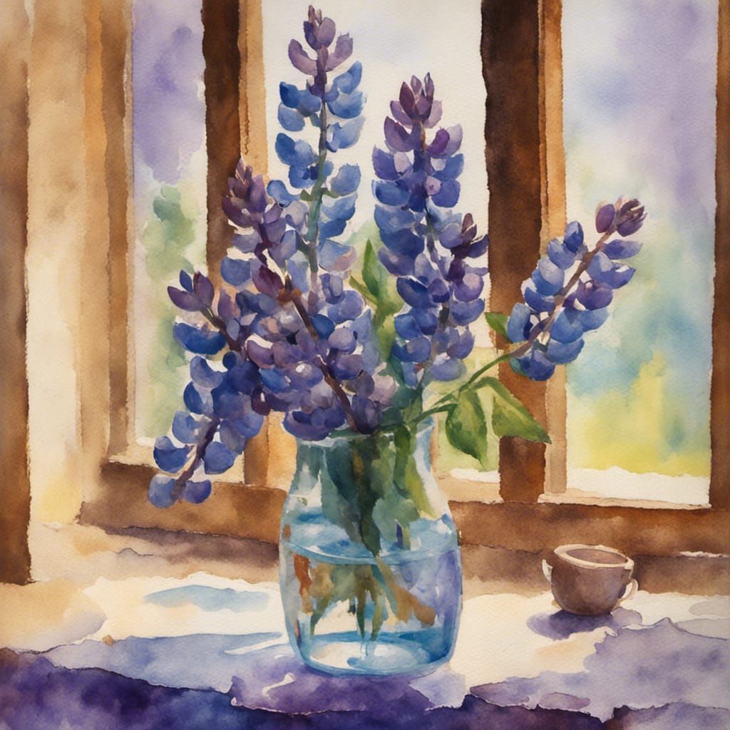 Lupines in Vase: Impressionist Gouache Watercolor