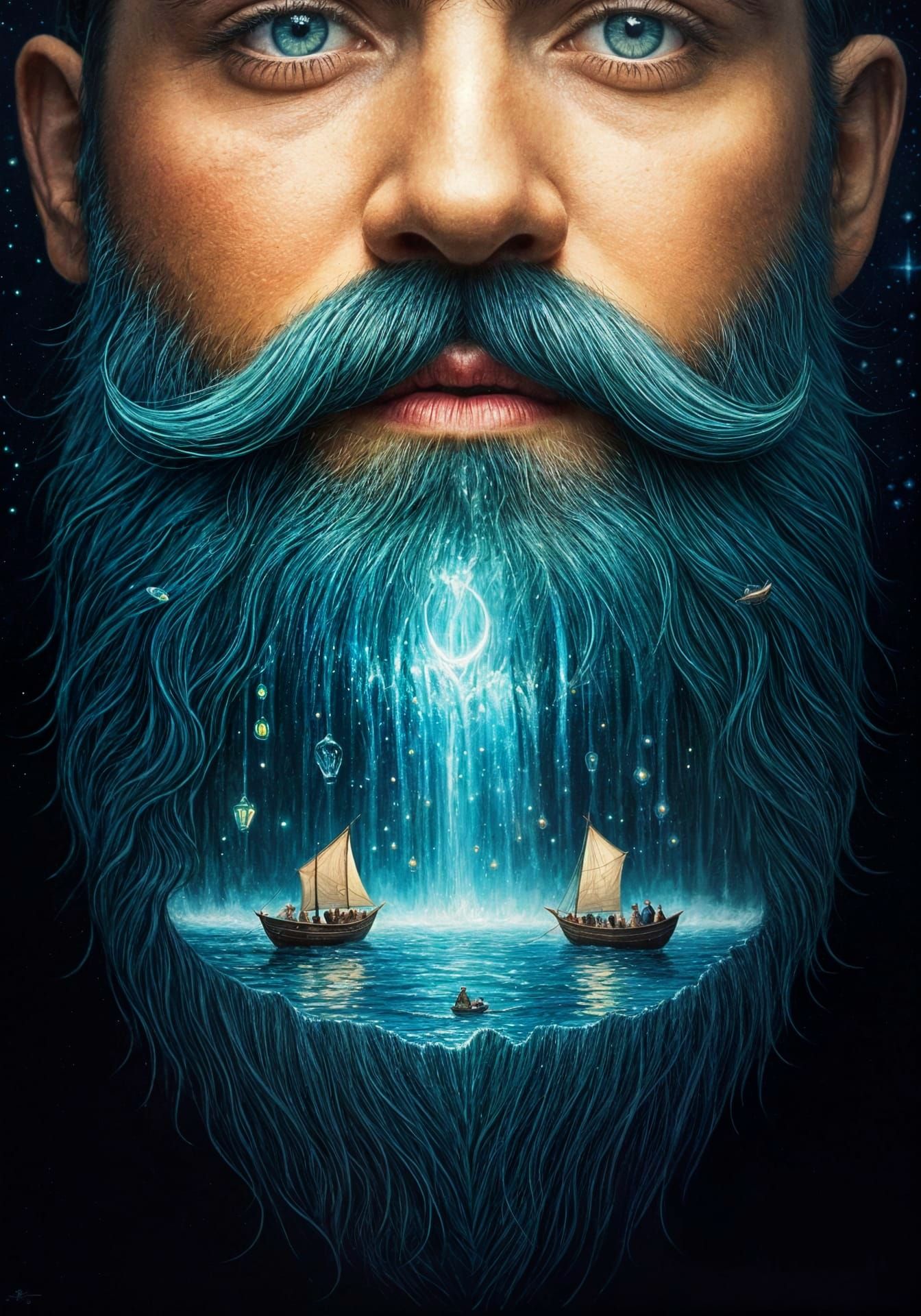 Whimsical Waterfall Beard: Surreal Mixed Media Art