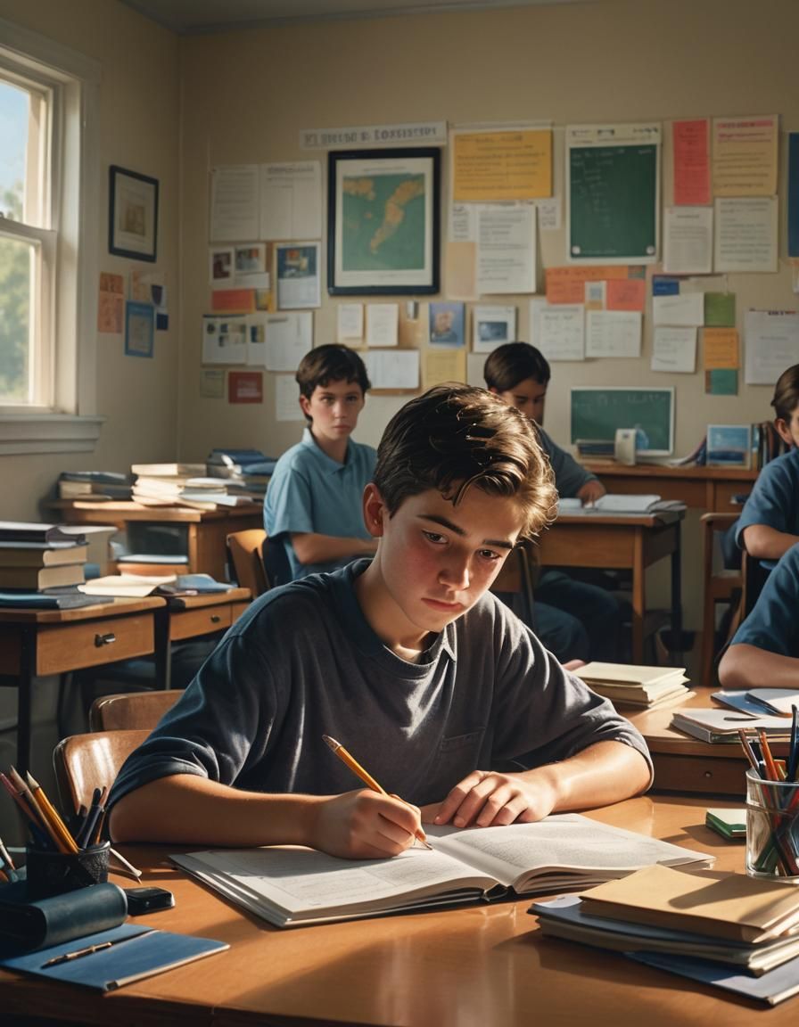 Boy Reads Textbook in Bright Classroom: Photorealistic Art