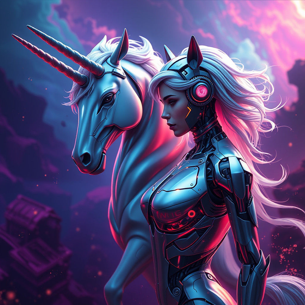 Unicorn and Robot Woman in Fantasy Sci-Fi Art