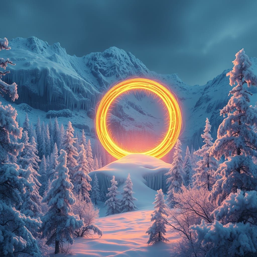 Mystical Snowy Ring Portal in a Dreamy Winter Wonderland