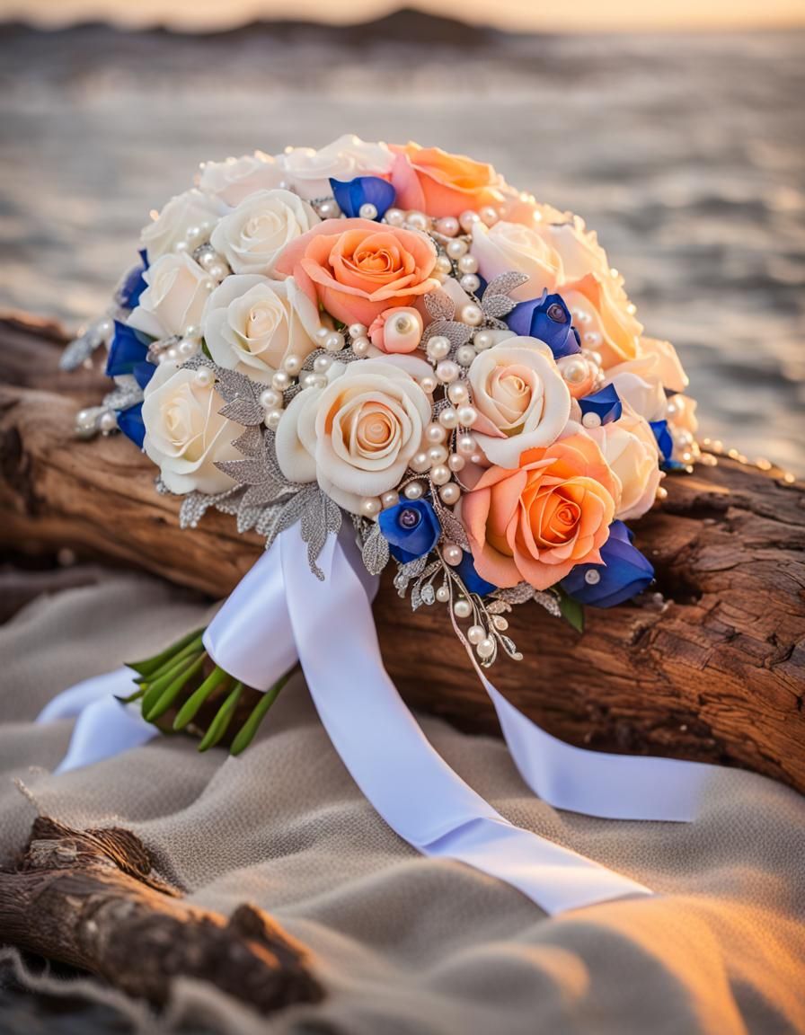 Beach Sunset: Floral Bouquet with Pearls
