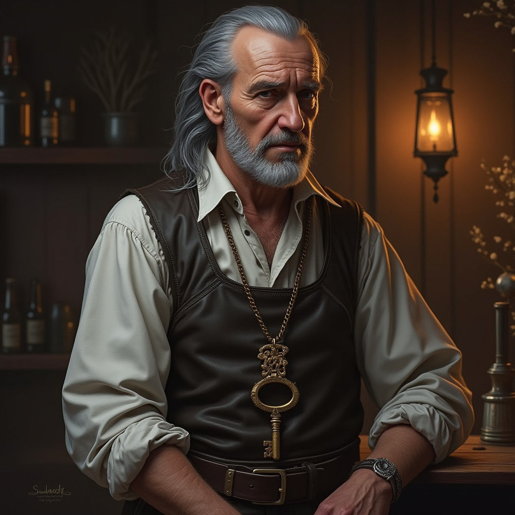 Elderly Innkeeper in Dark Leather Attire with Key-Shaped Med...