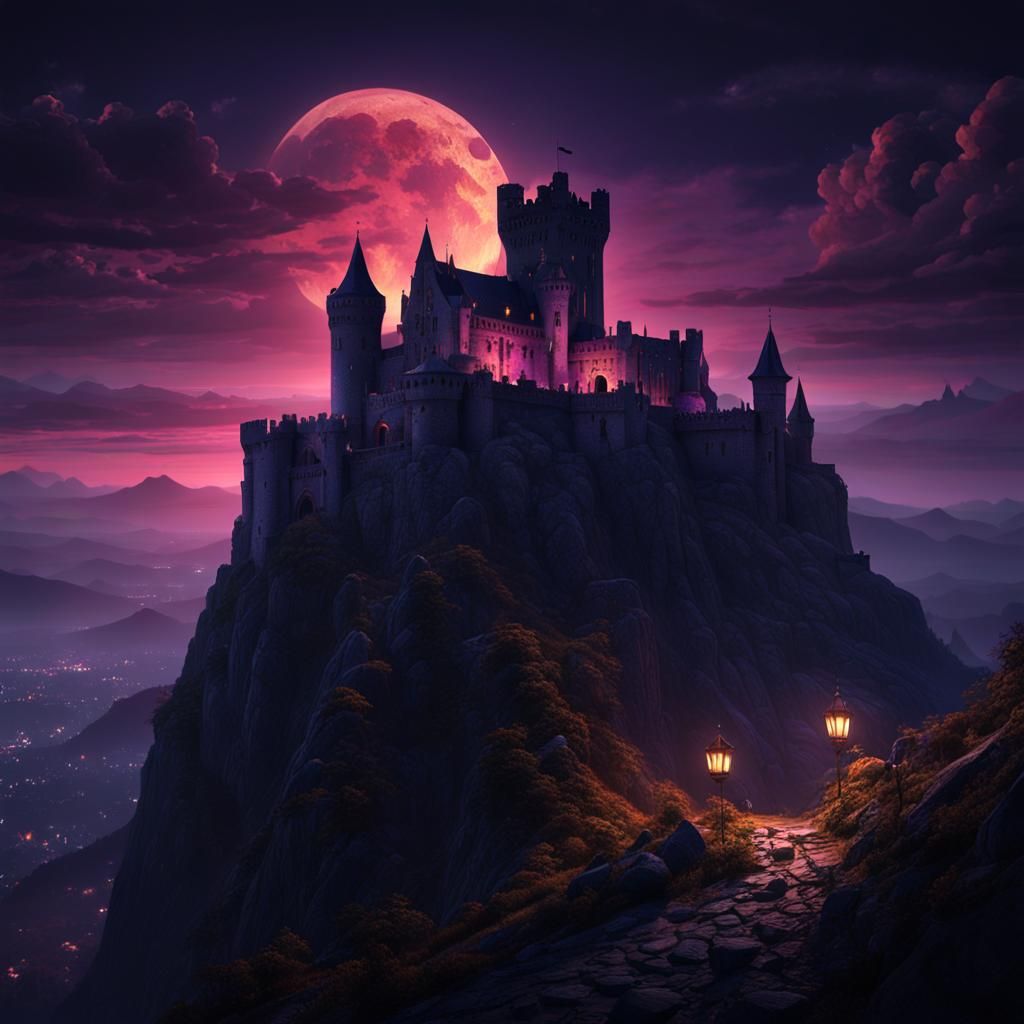 Dramatic Dracula Castle at Night, Romantic Style