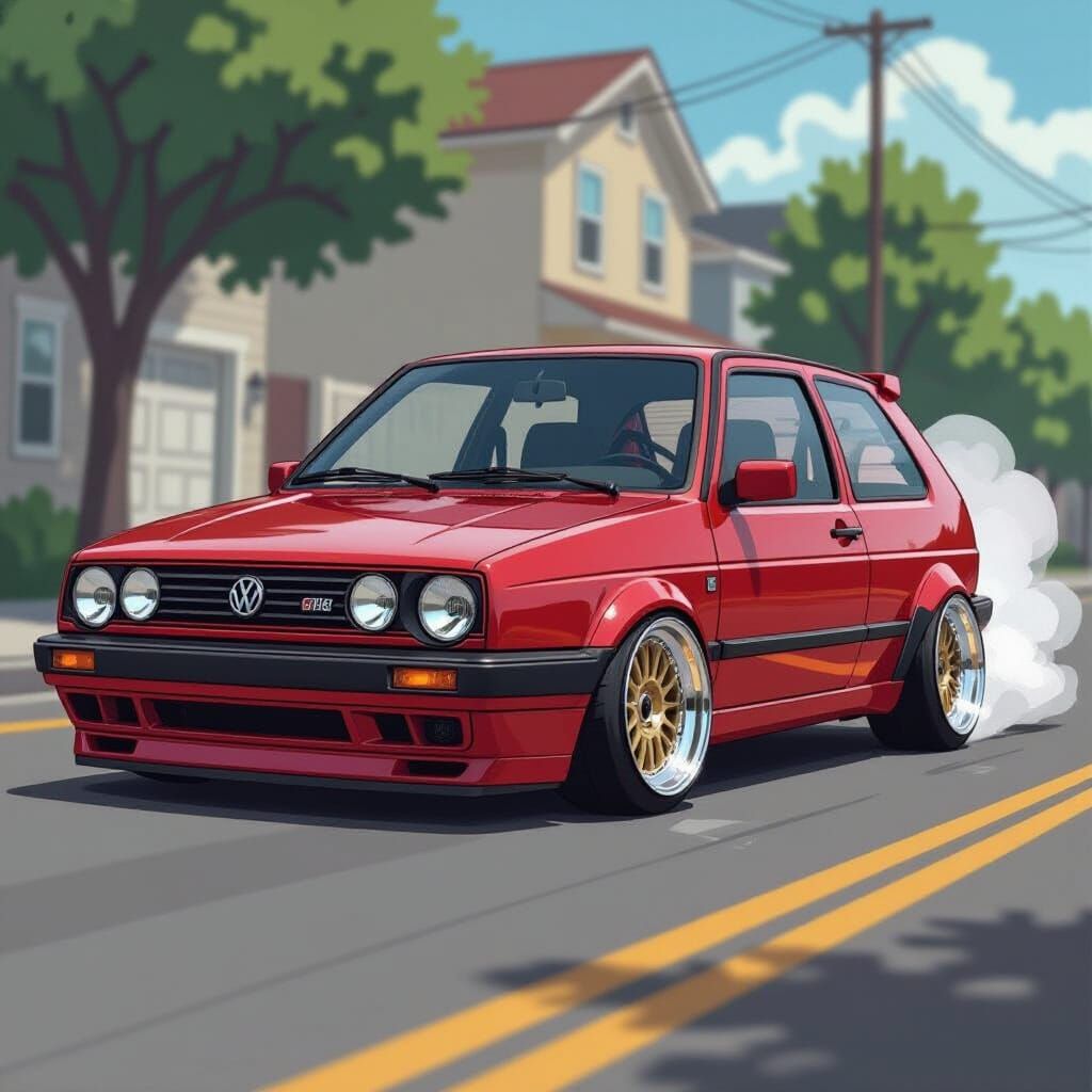 Cherry Red GTI Burnout on Deep-Dish Wheels