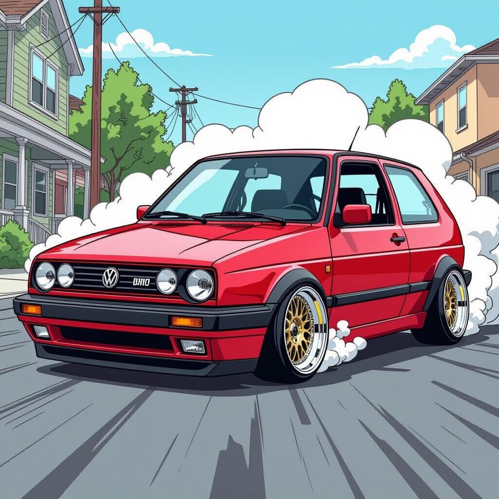 Cherry Red VW GTI Burnout on Urban Street