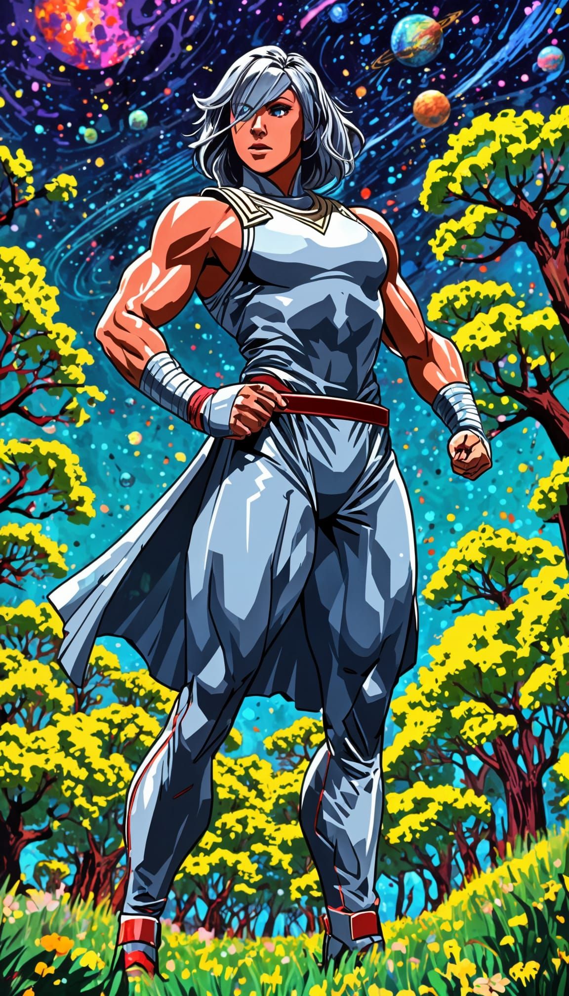 Anime Muscle Woman in Elegant Toga Outfit Amidst Cosmic Tree...