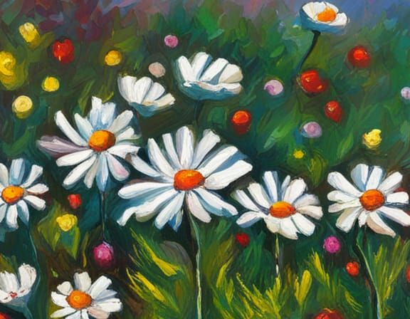 Daisies Field: Neo-Impressionist Impasto Oil Painting