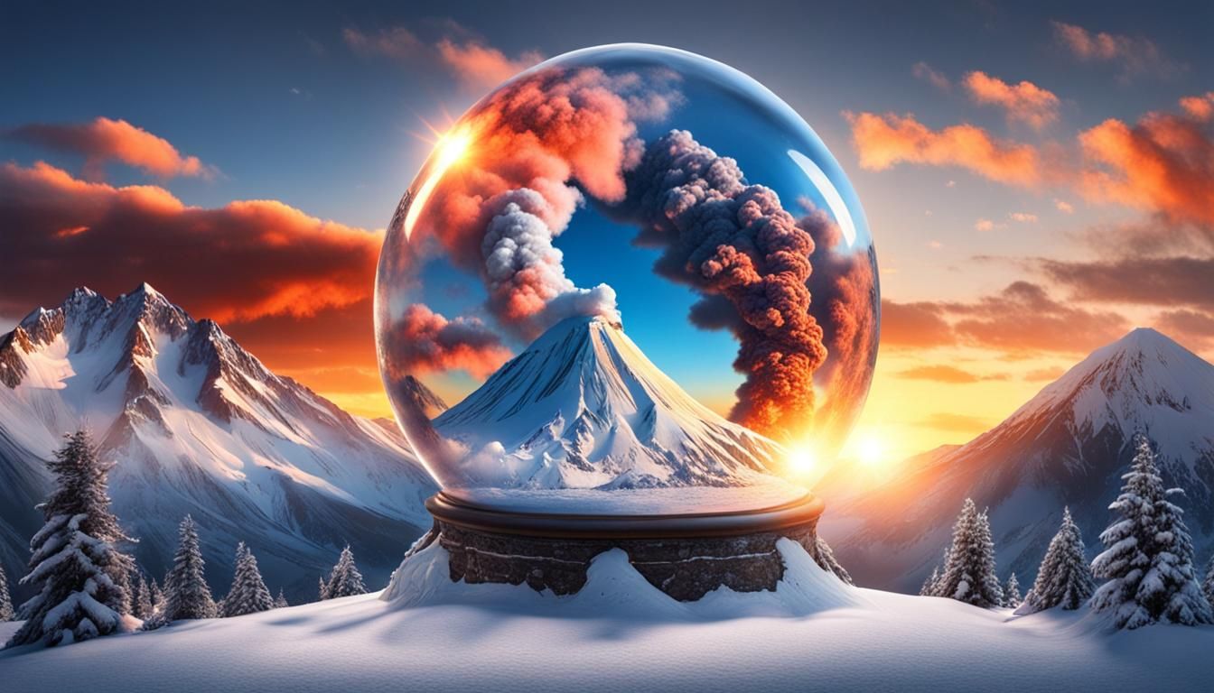 Volcanic Eruption Inside Snow Globe at Sunset