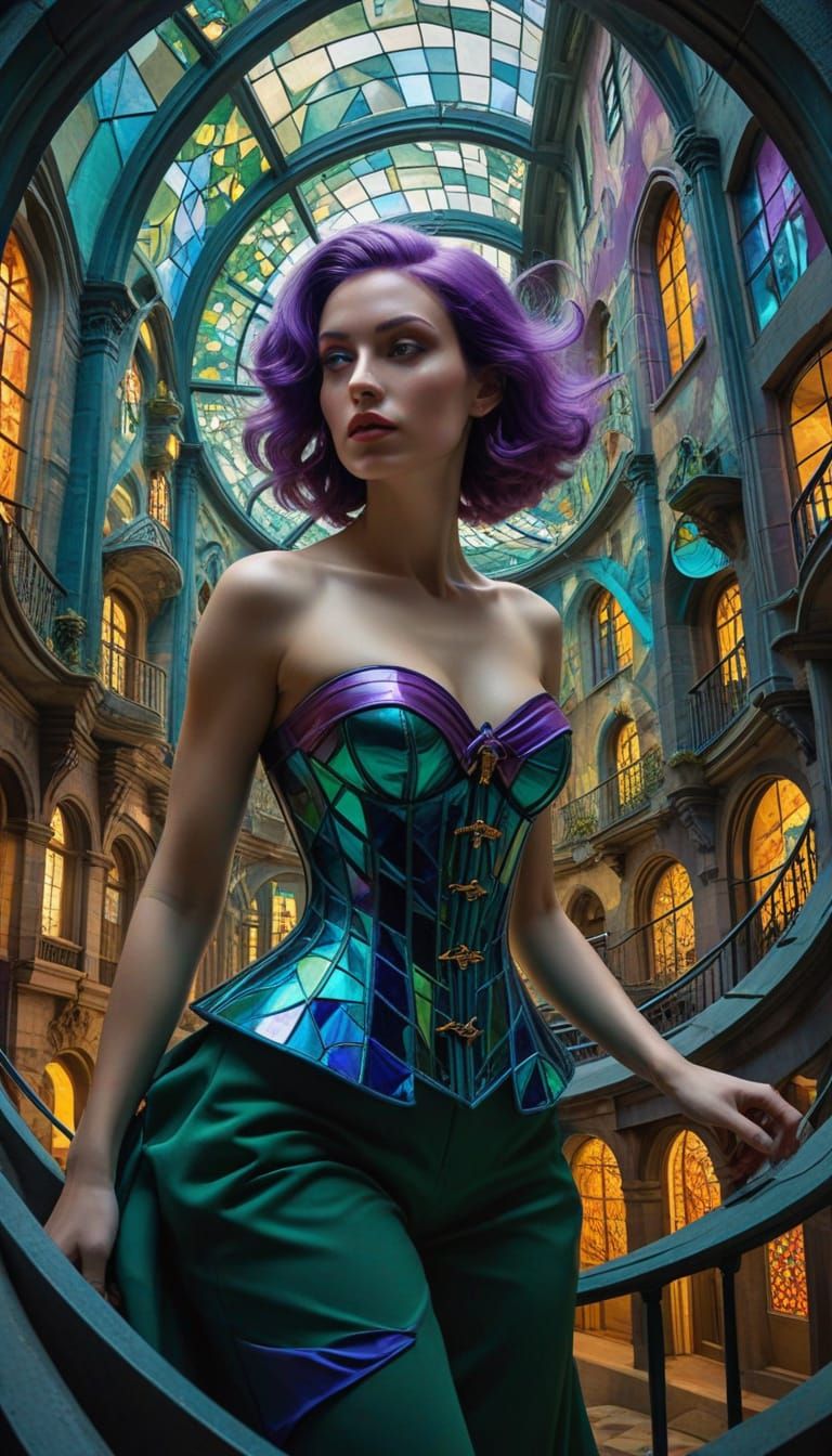 Surreal Woman Navigating Impossible City in Dreamlike Style