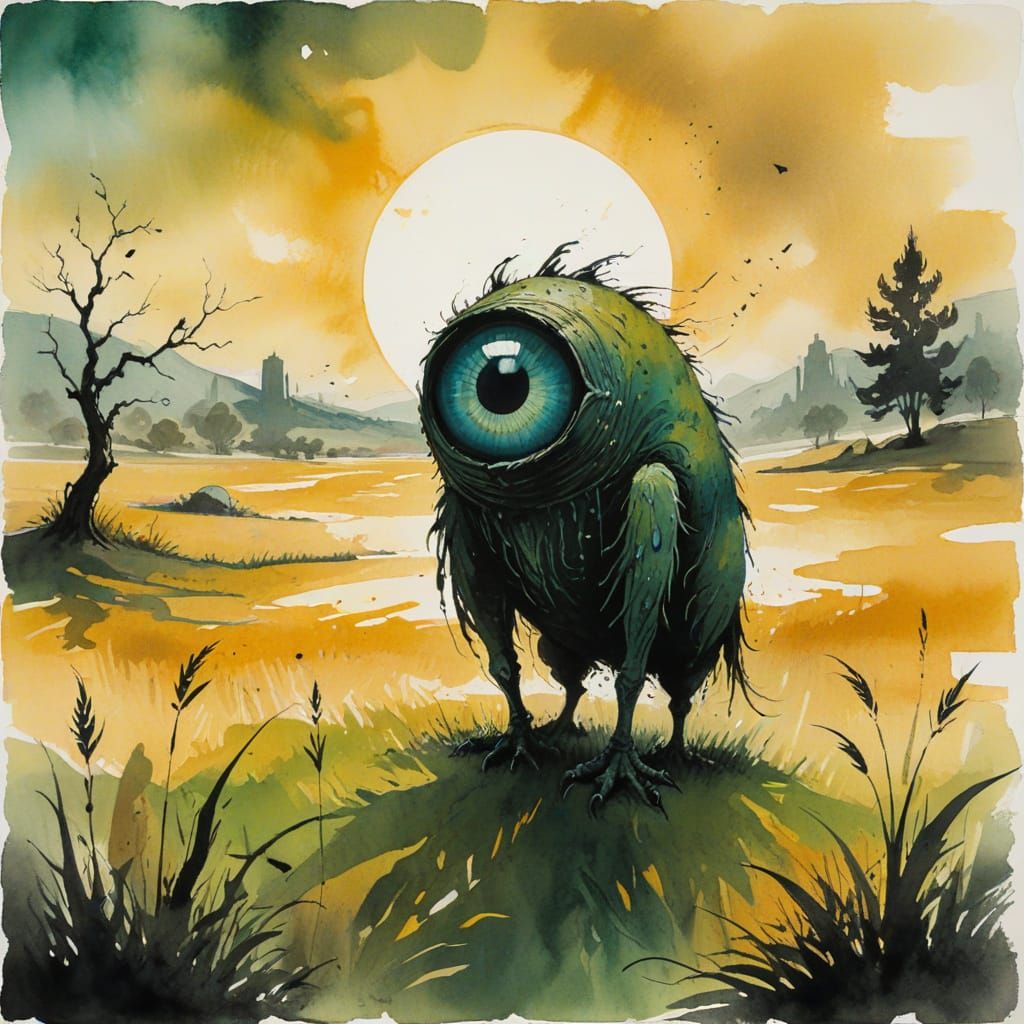 Surreal Eyeball Monster in Empty Field
