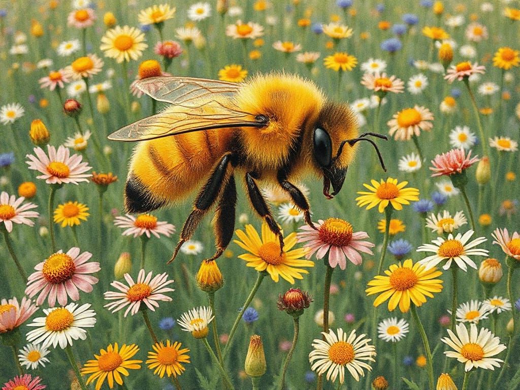 Golden Bee in a Vibrant Wildflower Meadow