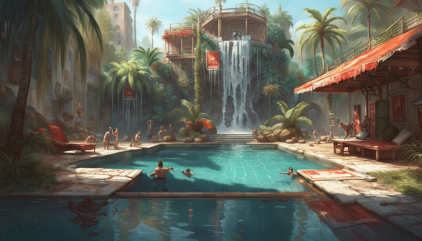 Peaceful, fun, relaxation:: "Hyperdetailed Pool with waterfall, water splash, palm trees, intricate and hyperdetailed pa...