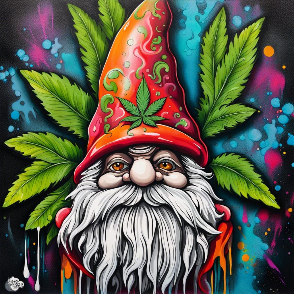 Whimsical Gnome Graffiti Art with Marijuana Leaf