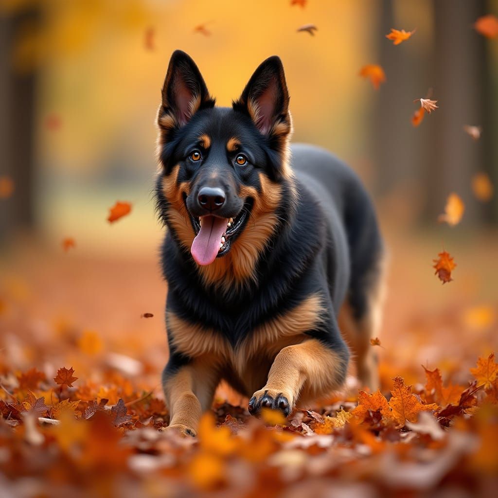 German Shepherd Joyfully Plays in Autumn Leaves