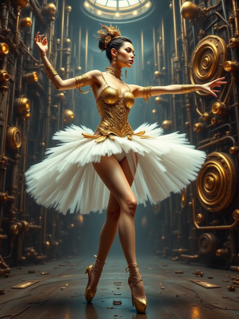 Kinetic Asian Ballerina in Steampunk Sci-Fi Style