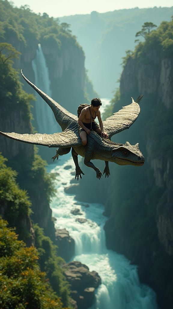 Riding a Flying Dinosaur Above a River
