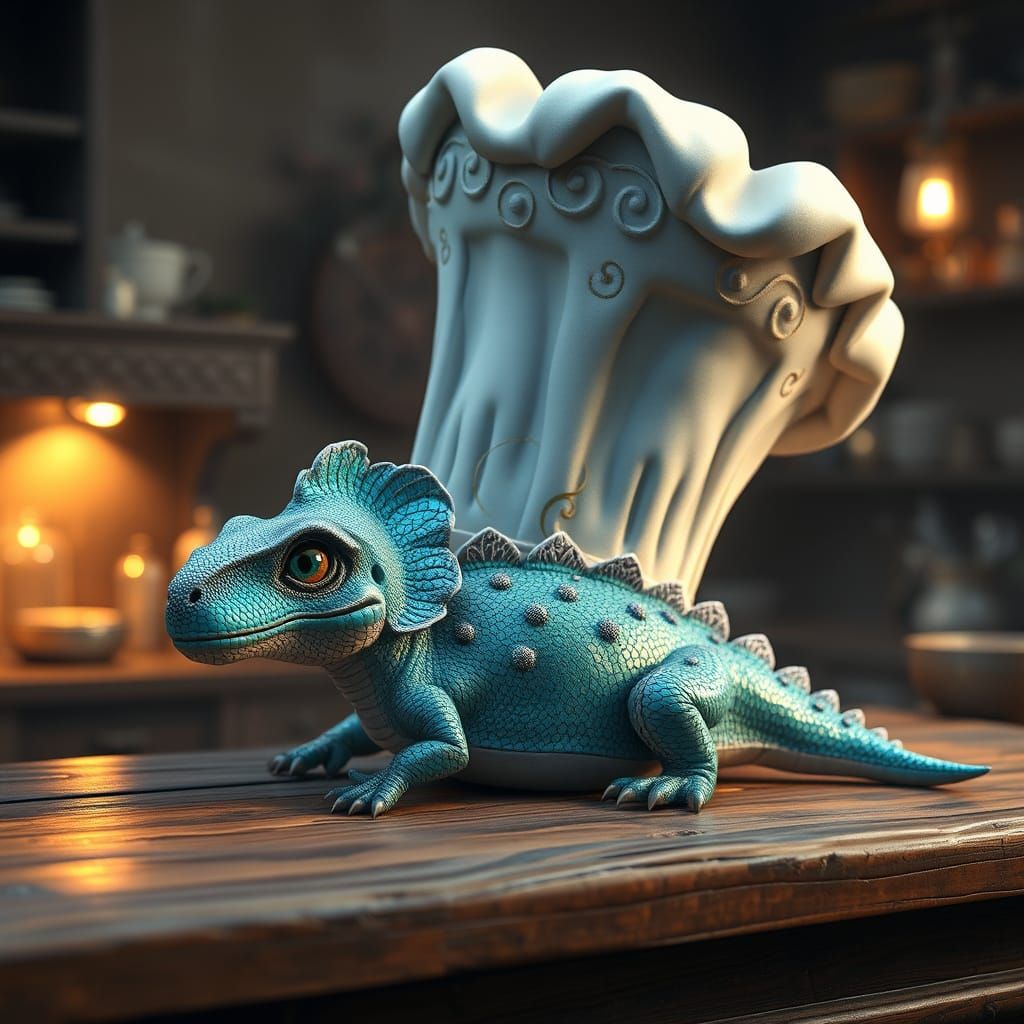 Majestic Chef Hat with a Tiny Dinosaur