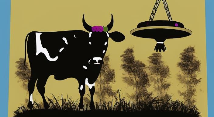 Cow Abduction by UFO in Colorful Silhouette