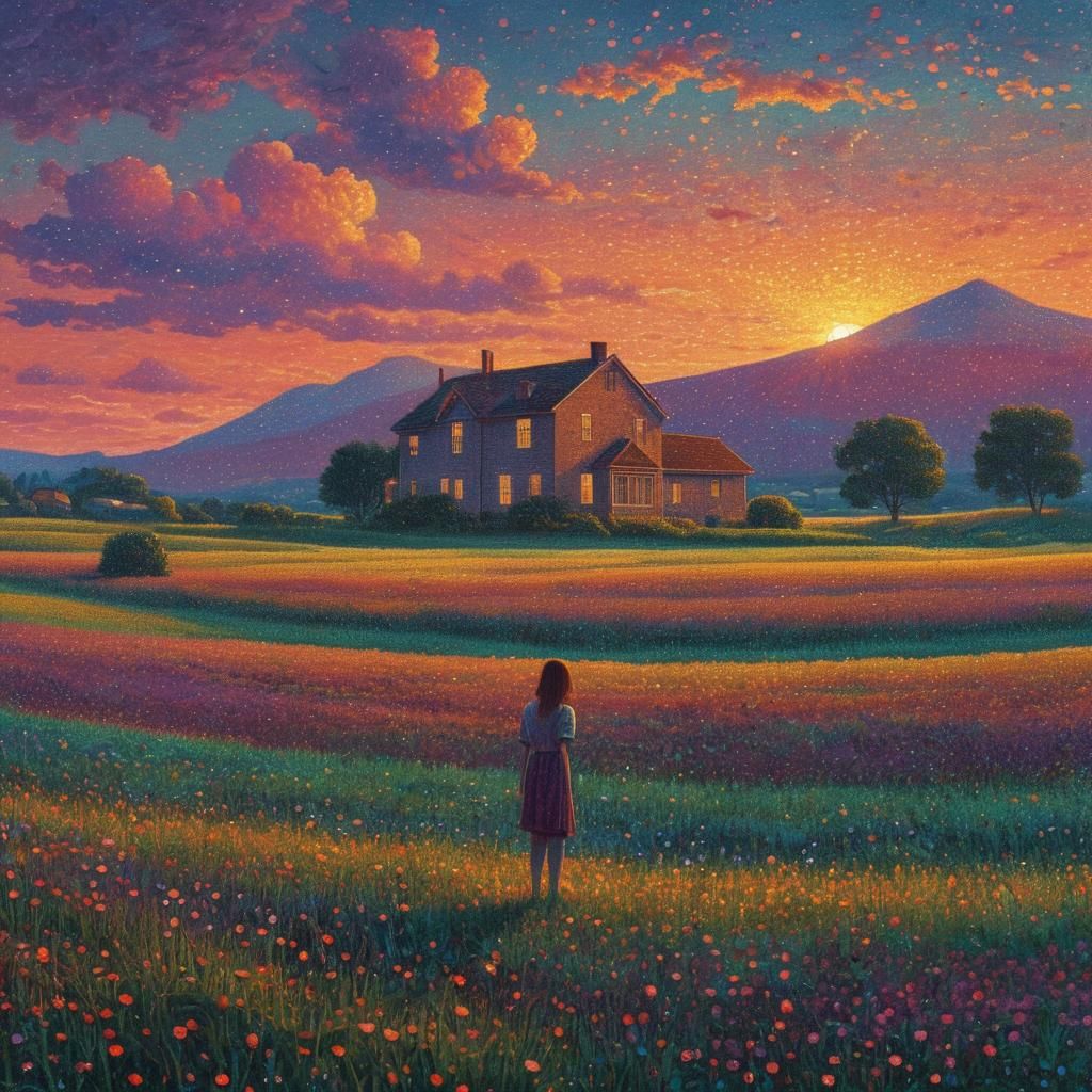 Pointillist Woman in Field with Vaporwave Sunset