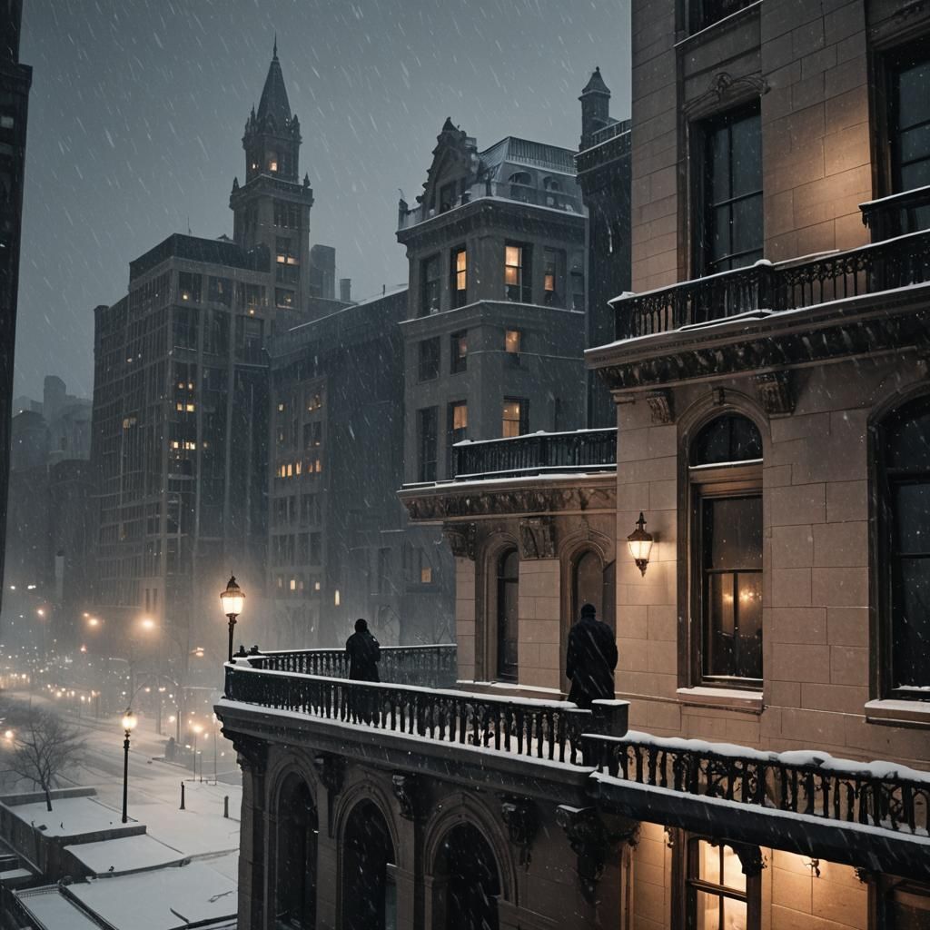 Gothic Chicago Balcony in Winter Night