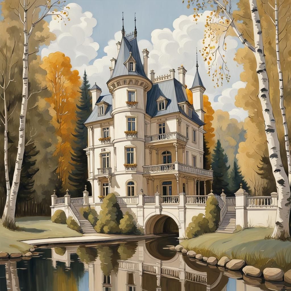 Renaissance Chateau by Pond in Klimt Style