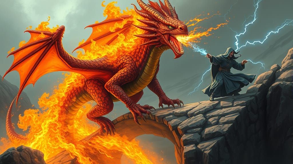 Epic Dragon Wizard Clash on Ancient Bridge