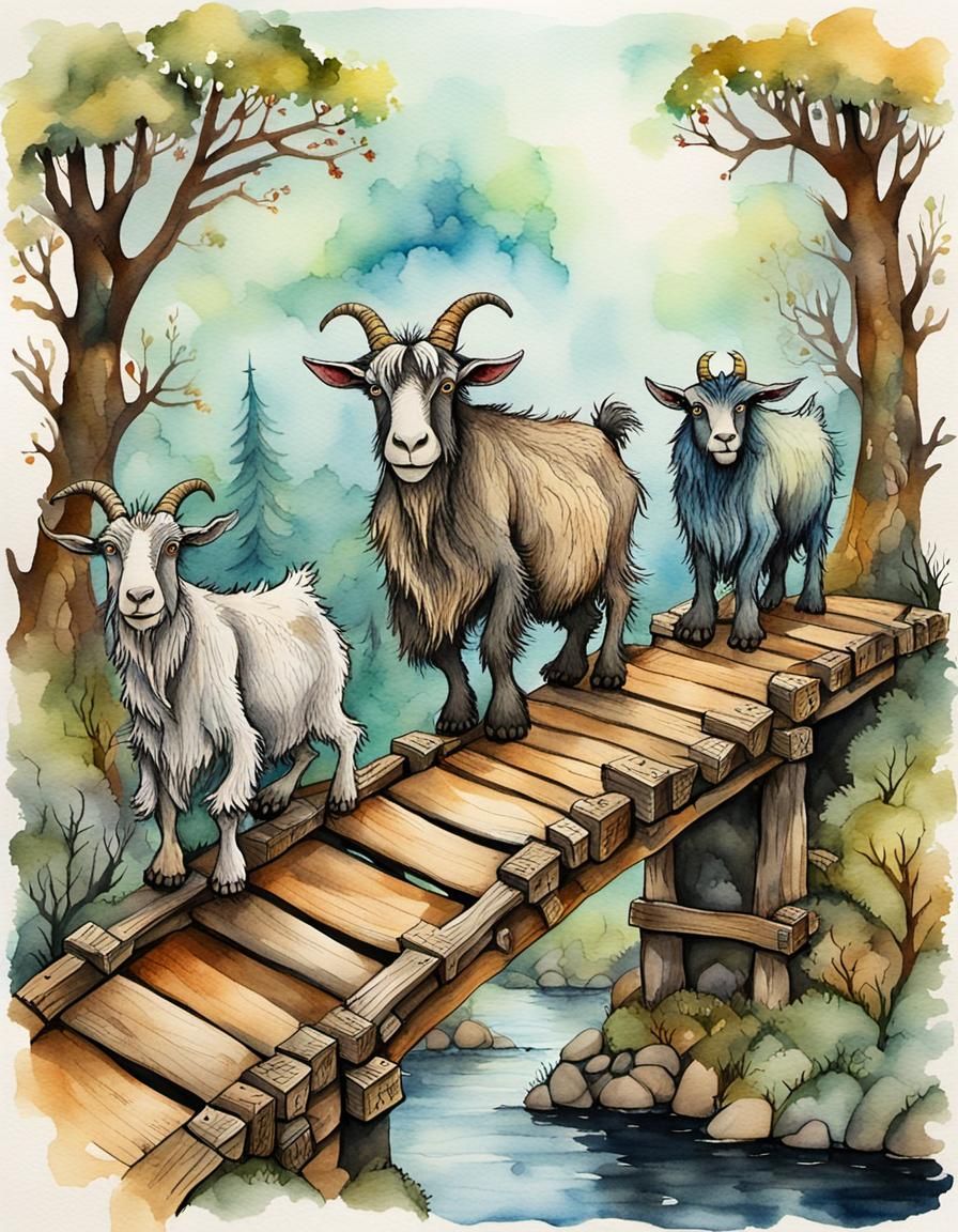 Billy Goats Gruff: Whimsical Watercolor Illustration