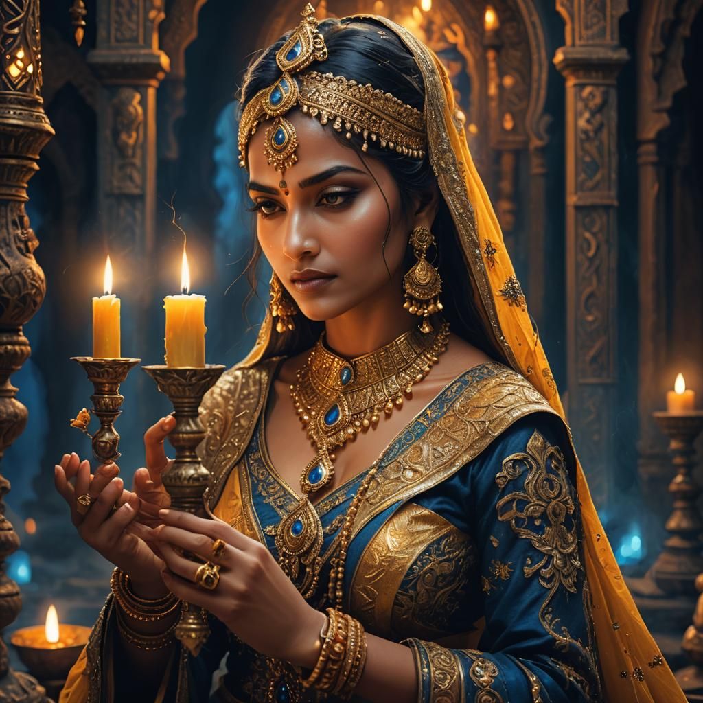 Indian Beauty Holding Candle in Fantasy Setting