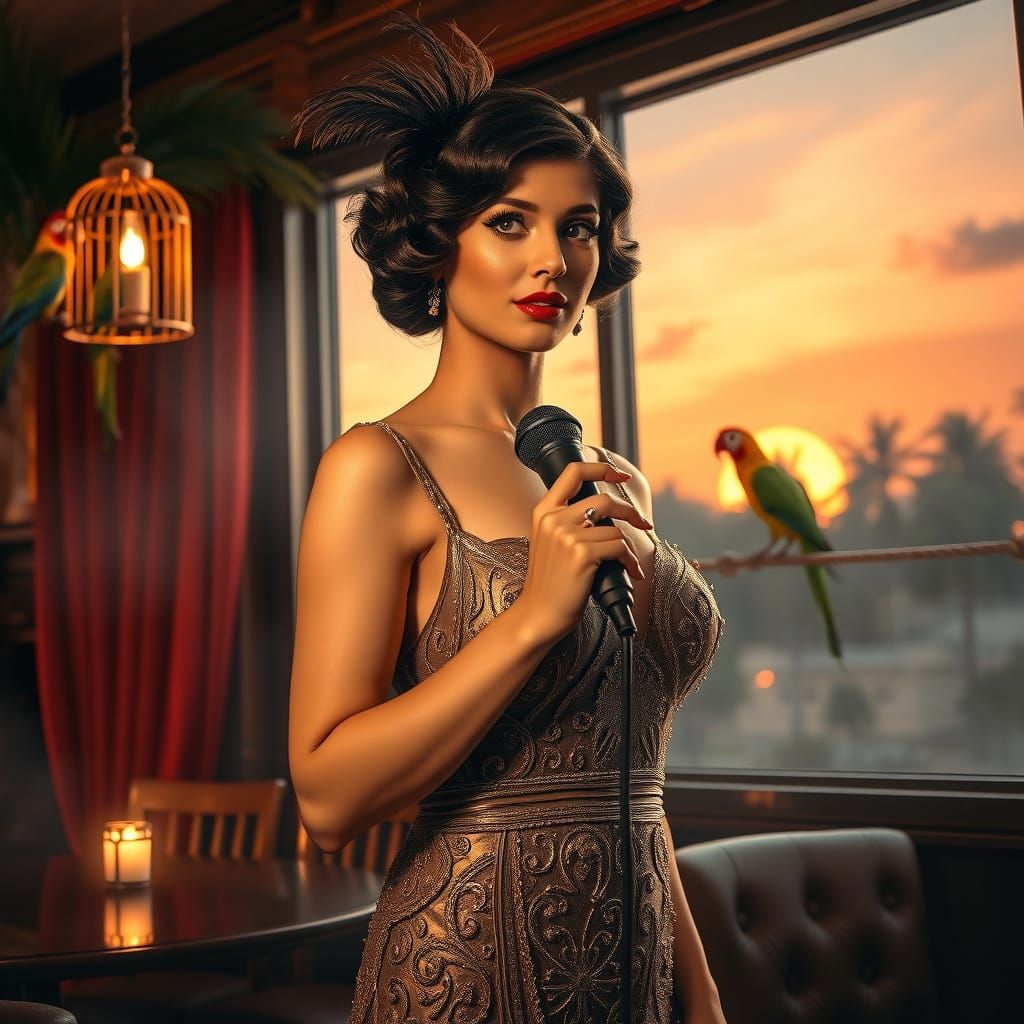 Glamorous 1920s Singer in an Opulent Speakeasy