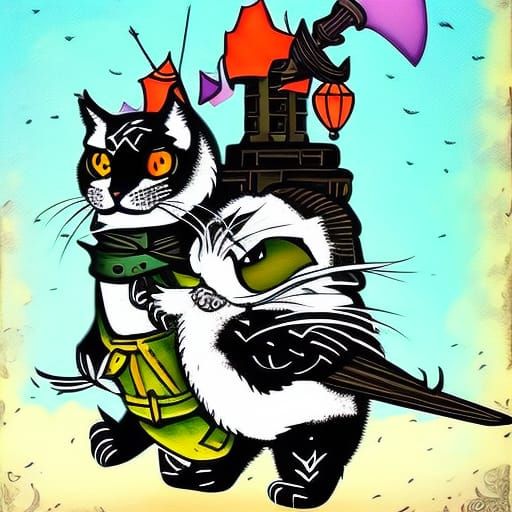 Victorian Cat and Sparrow Portrait in Steampunk Ink Art