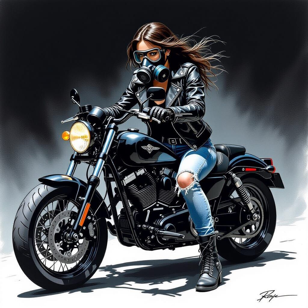 Woman Dons Gas Mask on Motorcycle in Dramatic Ink Drawing