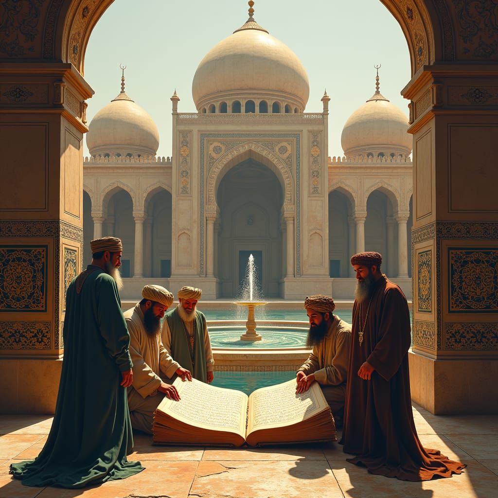 Ornate Persian Courtyard Scene in Illuminated Manuscript Sty...