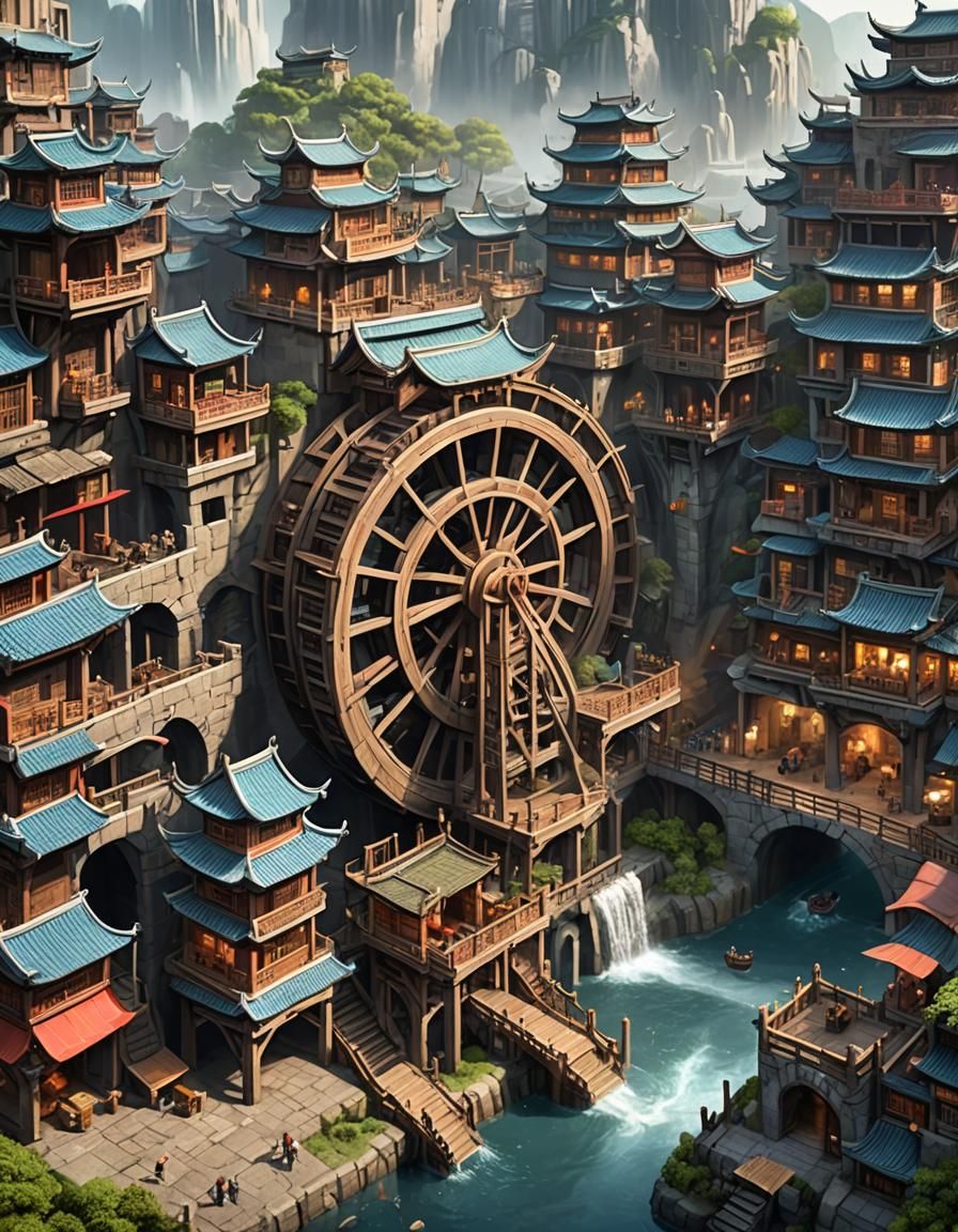 High Fantasy Waterwheel City Inspired by Kowloon