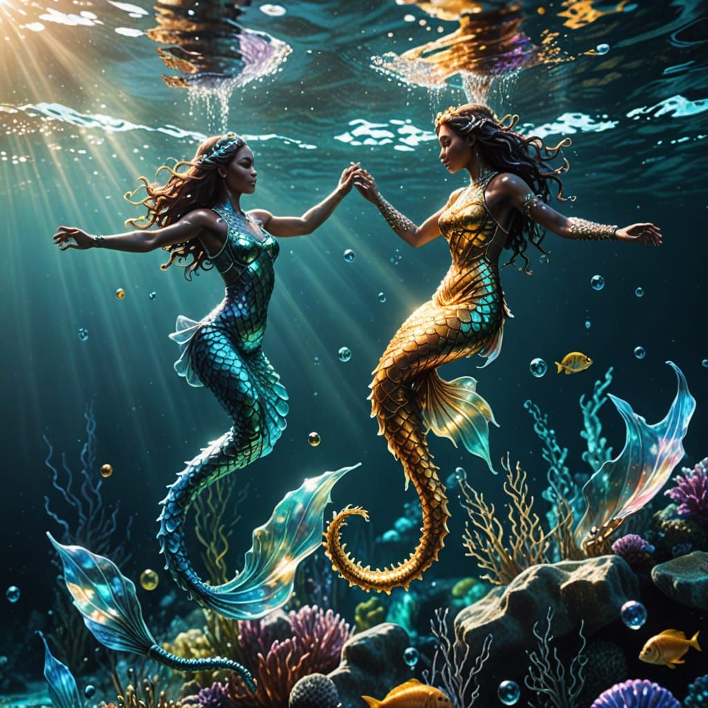 Multiracial Mermaids Play Water Polo on Seahorses in a Sunli...